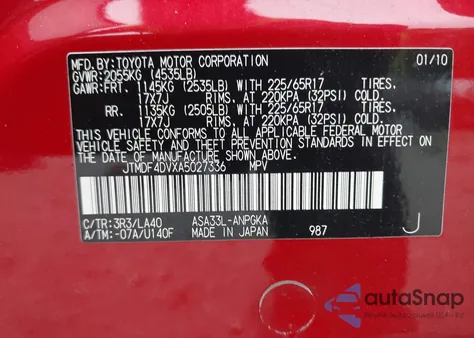 2010 Toyota Rav4 Limited from USA, damaged, VIN JTMDF4DVXA5027336